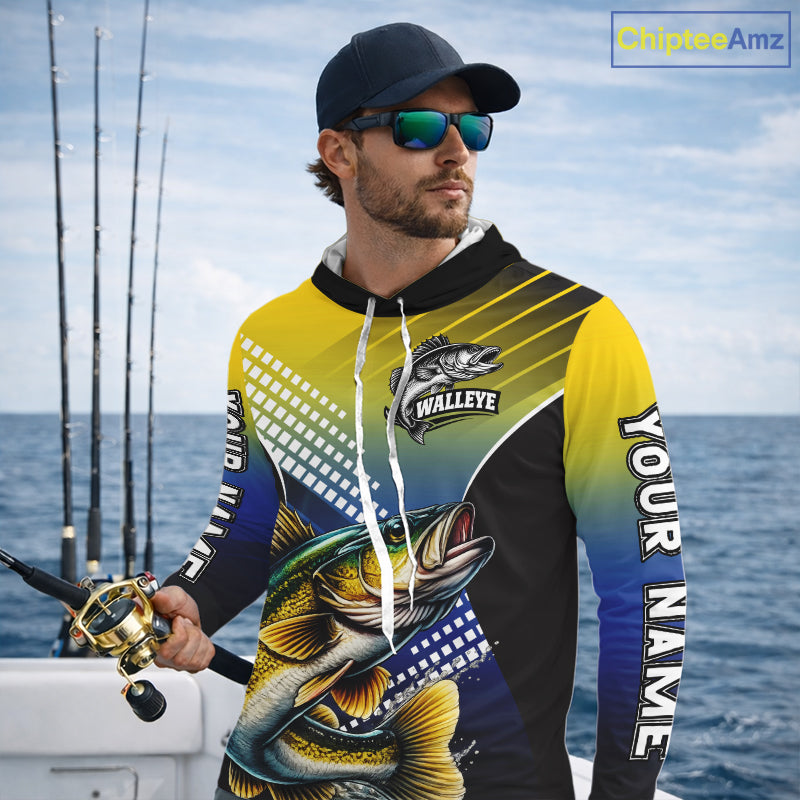 Walleye Long Sleeve Hooded Fishing Shirts Blue And Yellow Camo Custom Name, Walleye Fishing Shirts NBT439