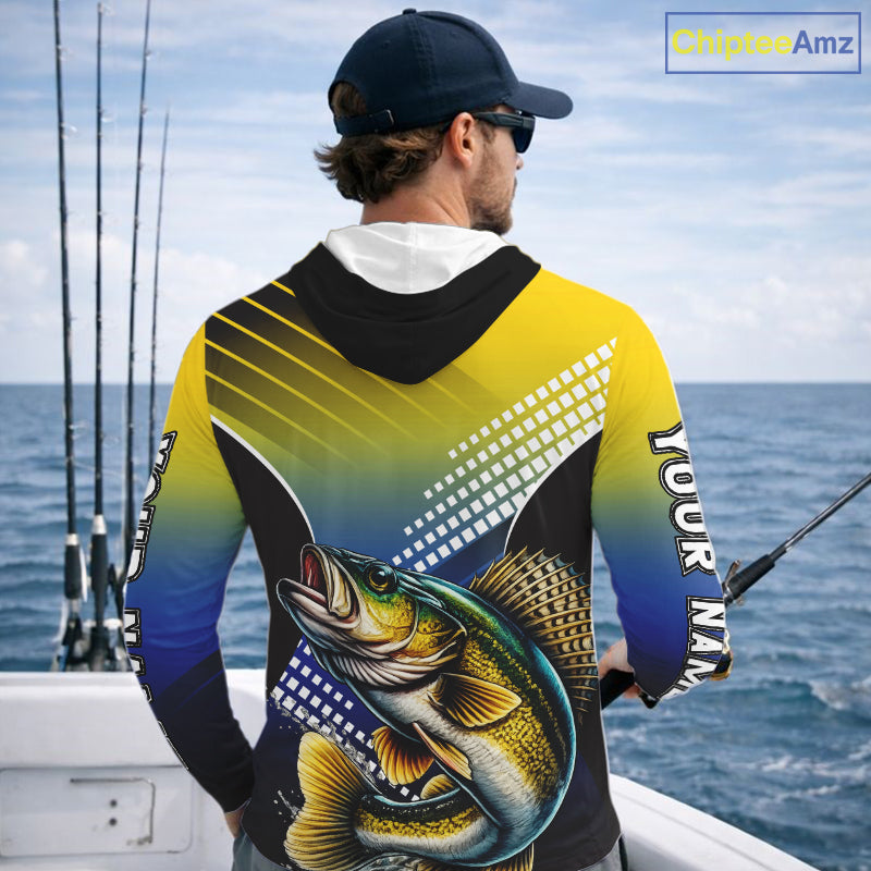 Walleye Long Sleeve Hooded Fishing Shirts Blue And Yellow Camo Custom Name, Walleye Fishing Shirts NBT439