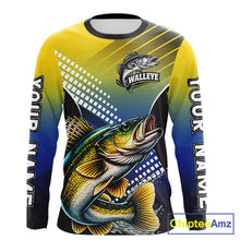 Load image into Gallery viewer, Walleye Fishing Shirts Long Sleeve Blue And Yellow Camo Custom Name, Walleye Fishing Shirts NBT439