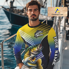 Load image into Gallery viewer, Walleye Fishing Shirts Long Sleeve Blue And Yellow Camo Custom Name, Walleye Fishing Shirts NBT439