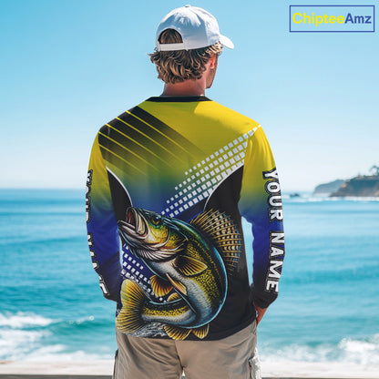 Walleye Fishing Shirts Long Sleeve Blue And Yellow Camo Custom Name, Walleye Fishing Shirts NBT439