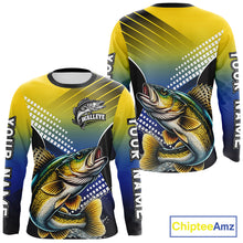 Load image into Gallery viewer, Walleye Fishing Shirts Long Sleeve Blue And Yellow Camo Custom Name, Walleye Fishing Shirts NBT439