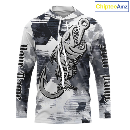 Front view of personalized fish skeleton hooded fishing shirt for men with fish reaper skull design