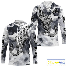 Load image into Gallery viewer, Front and back view of fish reaper skull long sleeve hooded fishing shirt for men with fish skeleton graphic and custom team name, your name