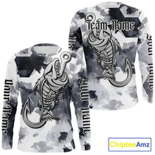 Load image into Gallery viewer, Front and back view of fish reaper skull fishing shirt for men with fish skeleton graphic and custom team name, your name