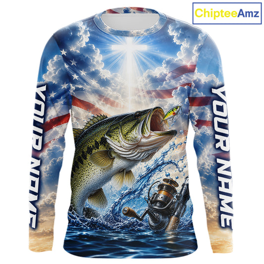 Custom Faith Largemouth Bass American Flag Patriotic Fishing Shirt Long Sleeve, US Fishing Jerseys NBT948