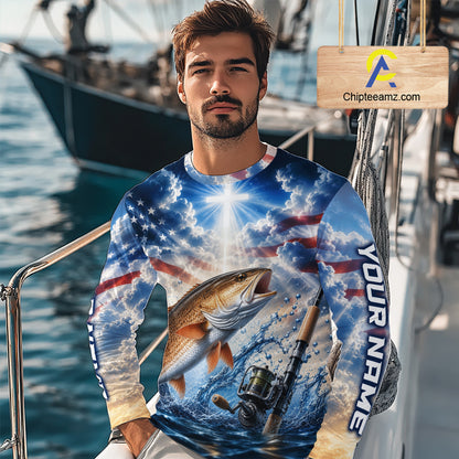 Custom Faith Redfish American Flag Patriotic Fishing Shirt Long Sleeve, US Fishing Jerseys NBT949