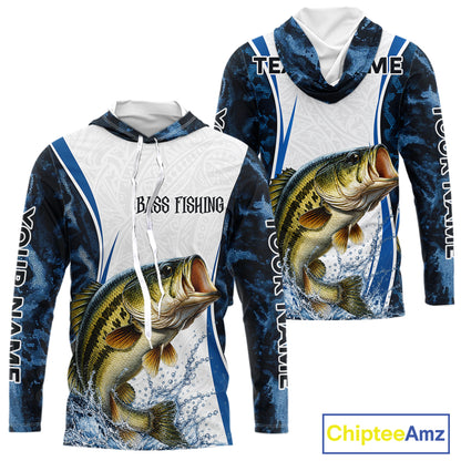 Largemouth Bass Fishing Blue Camo Long Sleeve Hooded Performance Fishing Shirt Custom Team Bass Fishing Jerseys NBT1115