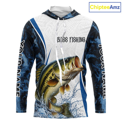 Largemouth Bass Fishing Blue Camo Long Sleeve Hooded Performance Fishing Shirt Custom Team Bass Fishing Jerseys NBT1115