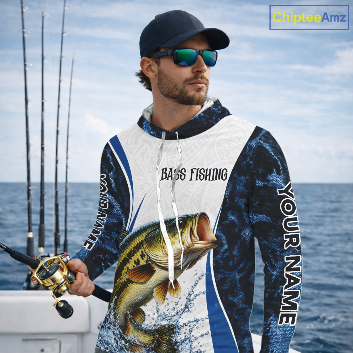 Largemouth Bass Fishing Blue Camo Long Sleeve Hooded Performance Fishing Shirt Custom Team Bass Fishing Jerseys NBT1115