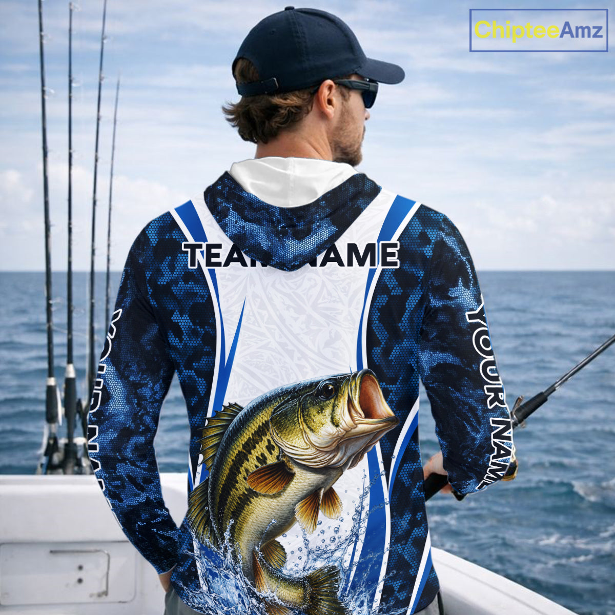 Largemouth Bass Fishing Blue Camo Long Sleeve Hooded Performance Fishing Shirt Custom Team Bass Fishing Jerseys NBT1115