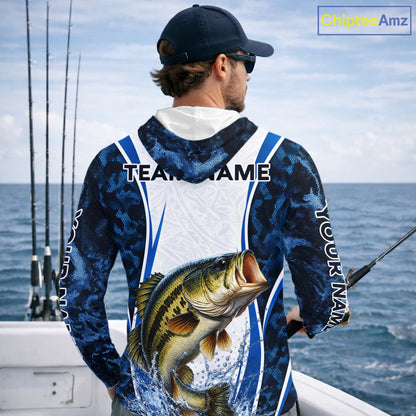 Largemouth Bass Fishing Blue Camo Long Sleeve Hooded Performance Fishing Shirt Custom Team Bass Fishing Jerseys NBT1115