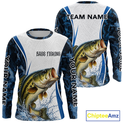 Largemouth Bass Fishing Blue Camo Long Sleeve Performance Fishing Shirt Custom Team Bass Fishing Jerseys NBT1115