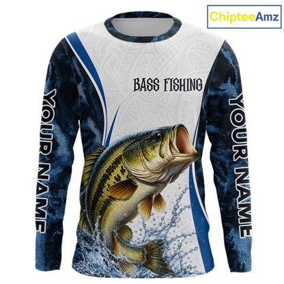 Largemouth Bass Fishing Blue Camo Long Sleeve Performance Fishing Shirt Custom Team Bass Fishing Jerseys NBT1115
