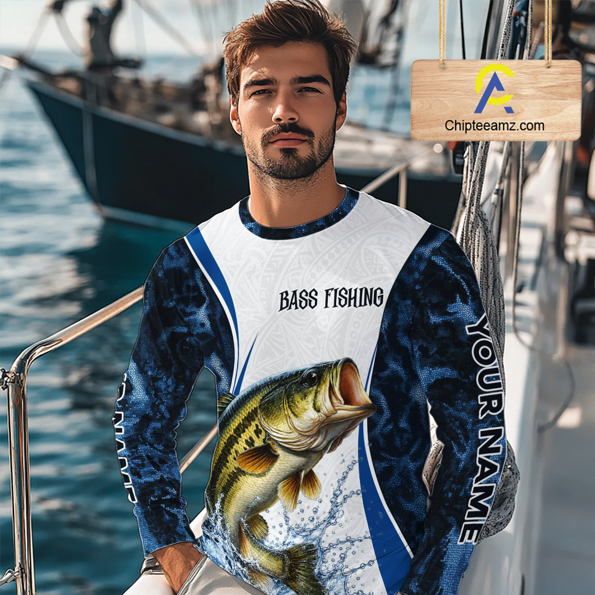 Largemouth Bass Fishing Blue Camo Long Sleeve Performance Fishing Shirt Custom Team Bass Fishing Jerseys NBT1115