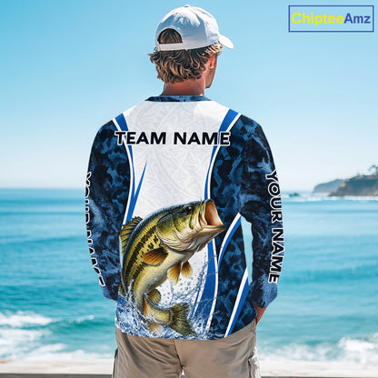 Largemouth Bass Fishing Blue Camo Long Sleeve Performance Fishing Shirt Custom Team Bass Fishing Jerseys NBT1115