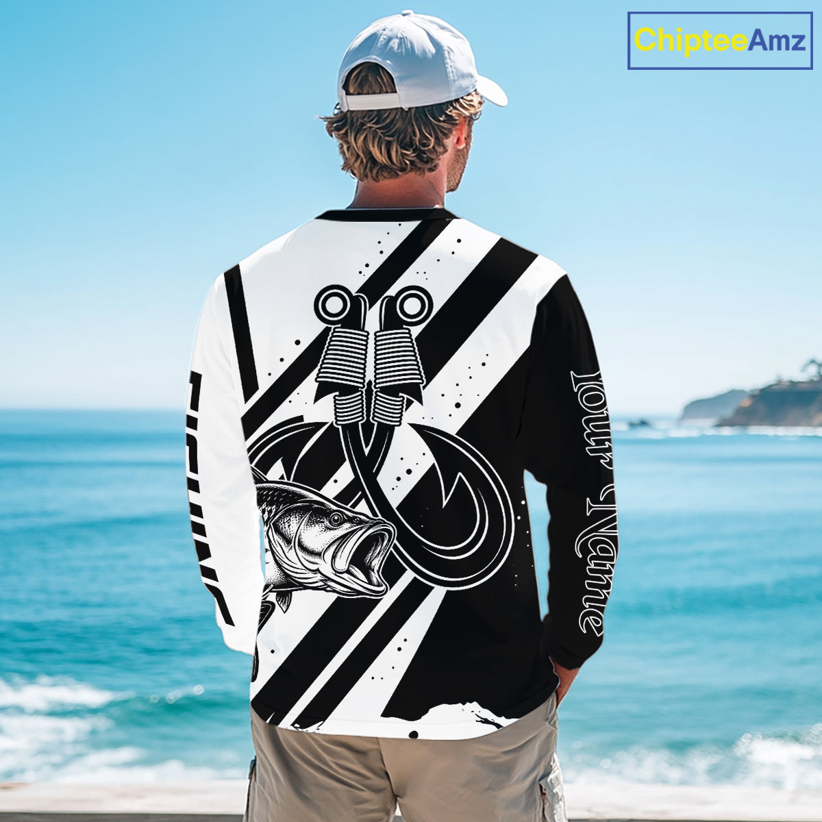 Angler wearing black and white largemouth bass long sleeve fishing shirt with custom name on sleeve
