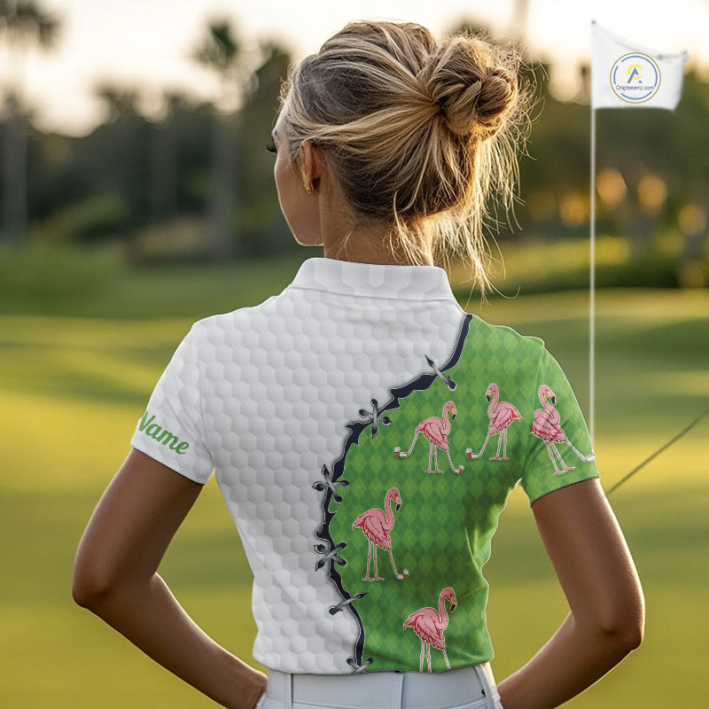Funny Womens Golf Polo Shirt Green Argyle Flamingo Pattern Custom Name White Golf Shirt NBT558