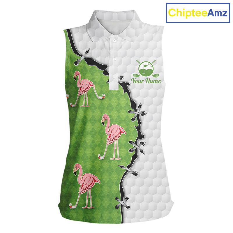 Funny Womens Sleeveless Golf Polo Shirt Green Argyle Flamingo Pattern Custom Name White Golf Shirt NBT558