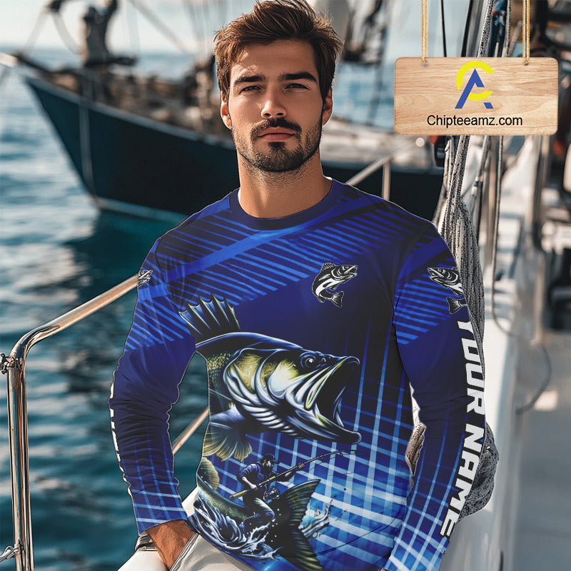 Blue Camo Walleye Custom Fishing Shirts Long Sleeve, Walleye Fishing Shirts NBT446
