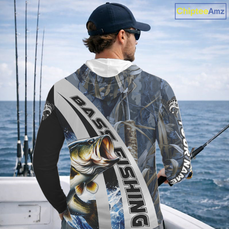 Custom Bass Fishing Grass Camo Long Sleeve Hooded Fishing Shirts, Bass Fishing Tournament Shirts NBT450