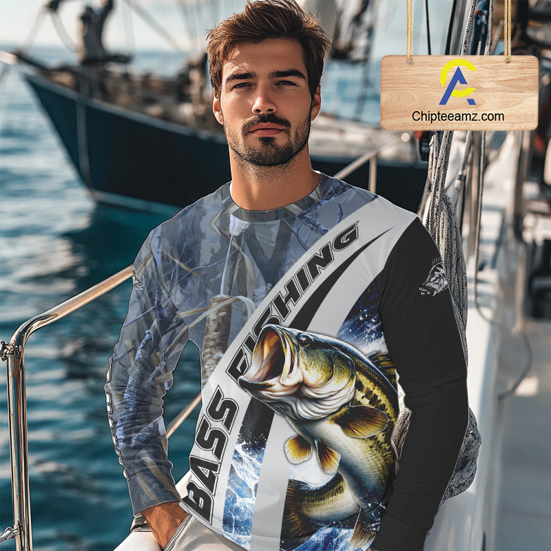 Custom Bass Fishing Grass Camo Long Sleeve Fishing Shirts, Bass Fishing Tournament Shirts NBT450