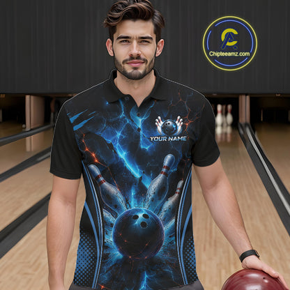 Blue Thunder Black Bowling Polo & 1/4 Quarter Zip Shirt For Men Custom Bowling Team Jerseys NBT1034
