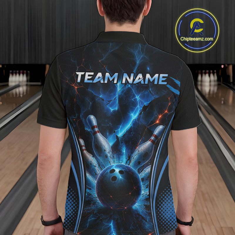 Blue Thunder Black Bowling Polo & 1/4 Quarter Zip Shirt For Men Custom Bowling Team Jerseys NBT1034
