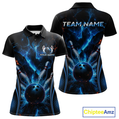 Blue Thunder Black Bowling Polo & 1/4 Quarter Zip Shirt For Women Custom Bowling Team Jerseys NBT1034