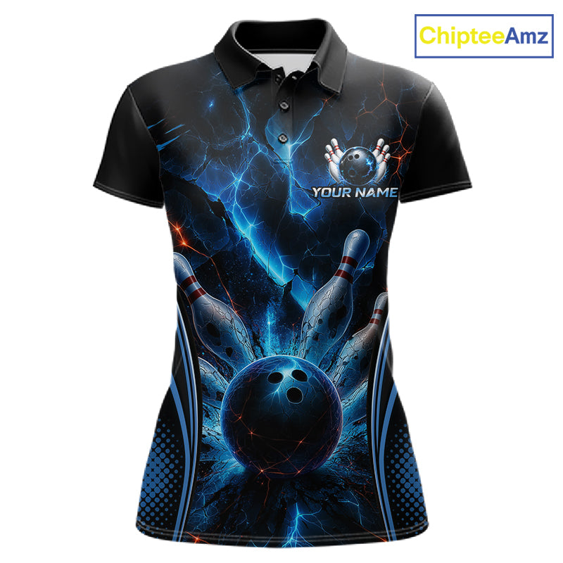 Blue Thunder Black Bowling Polo & 1/4 Quarter Zip Shirt For Women Custom Bowling Team Jerseys NBT1034
