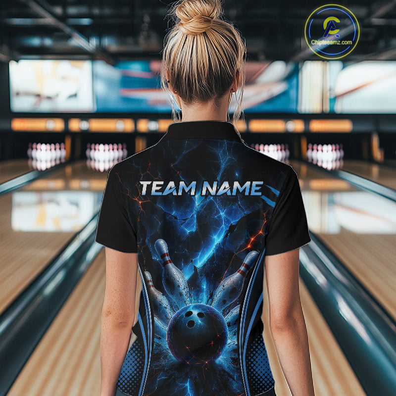 Blue Thunder Black Bowling Polo & 1/4 Quarter Zip Shirt For Women Custom Bowling Team Jerseys NBT1034