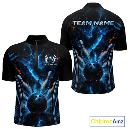 Blue Thunder Black Bowling Polo & 1/4 Quarter Zip Shirt For Men Custom Bowling Team Jerseys NBT1034