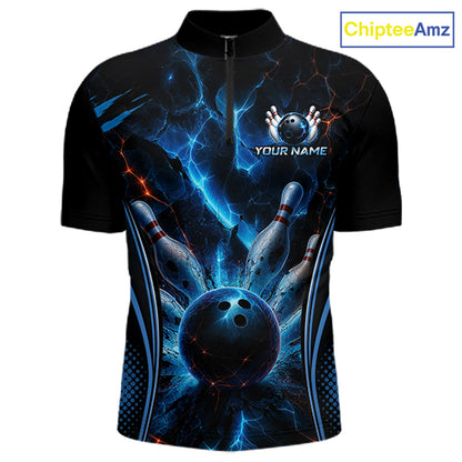 Blue Thunder Black Bowling Polo & 1/4 Quarter Zip Shirt For Men Custom Bowling Team Jerseys NBT1034