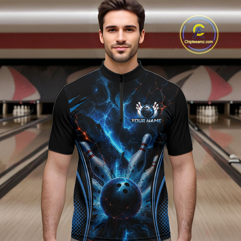 Blue Thunder Black Bowling Polo & 1/4 Quarter Zip Shirt For Men Custom Bowling Team Jerseys NBT1034
