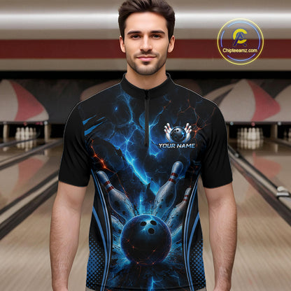 Blue Thunder Black Bowling Polo & 1/4 Quarter Zip Shirt For Men Custom Bowling Team Jerseys NBT1034