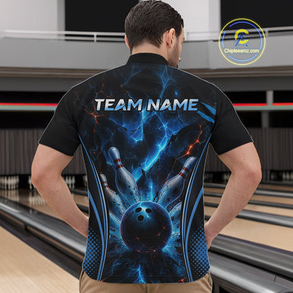 Blue Thunder Black Bowling Polo & 1/4 Quarter Zip Shirt For Men Custom Bowling Team Jerseys NBT1034