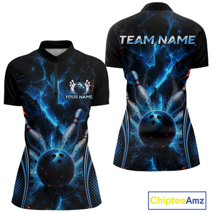Blue Thunder Black Bowling Polo & 1/4 Quarter Zip Shirt For Women Custom Bowling Team Jerseys NBT1034