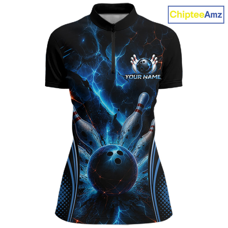 Blue Thunder Black Bowling Polo & 1/4 Quarter Zip Shirt For Women Custom Bowling Team Jerseys NBT1034