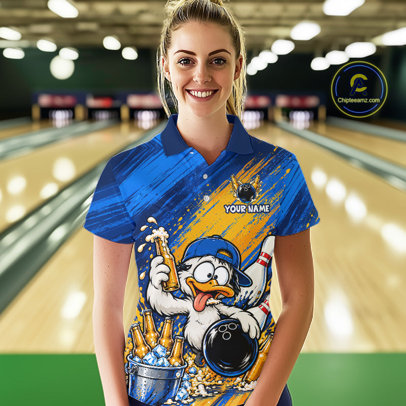 Funny Beer Duck Bowling Team Shirt For Women Custom Bowling League Outfit Polo & 1/4 Zip Shirts NBT1137