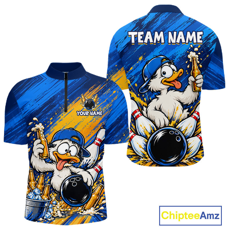 Funny Beer Duck Bowling Team Shirt For Men Custom Bowling League Outfit Polo & 1/4 Zip Shirts NBT1137