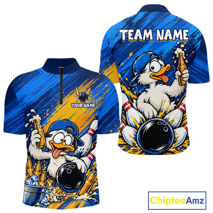 Funny Beer Duck Bowling Team Shirt For Men Custom Bowling League Outfit Polo & 1/4 Zip Shirts NBT1137