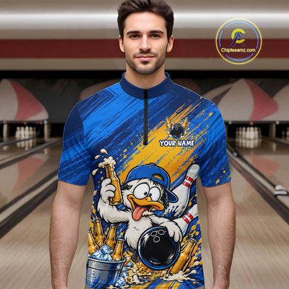Funny Beer Duck Bowling Team Shirt For Men Custom Bowling League Outfit Polo & 1/4 Zip Shirts NBT1137