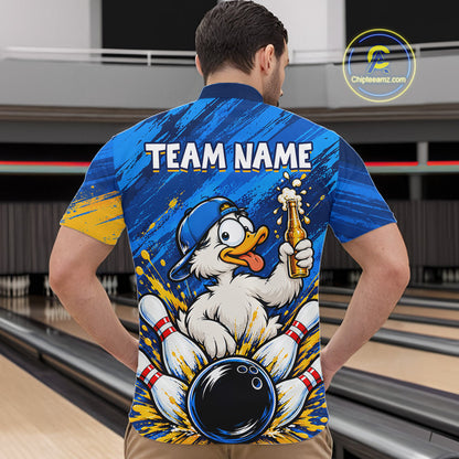 Funny Beer Duck Bowling Team Shirt For Men Custom Bowling League Outfit Polo & 1/4 Zip Shirts NBT1137