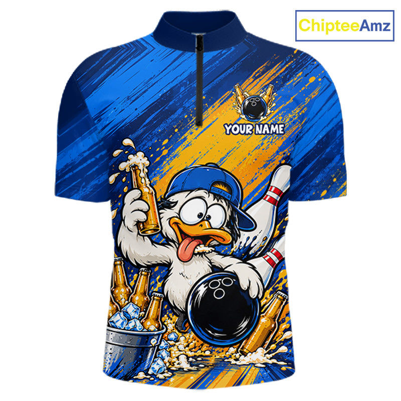 Funny Beer Duck Bowling Team Shirt For Men Custom Bowling League Outfit Polo & 1/4 Zip Shirts NBT1137