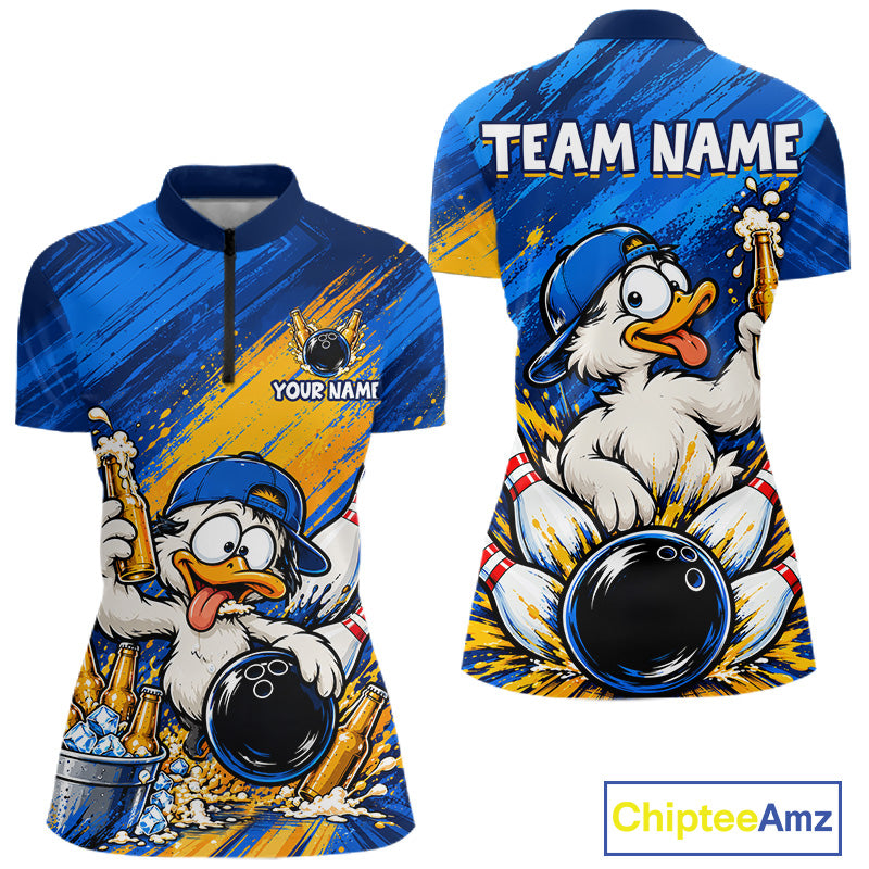Funny Beer Duck Bowling Team Shirt For Women Custom Bowling League Outfit Polo & 1/4 Zip Shirts NBT1137