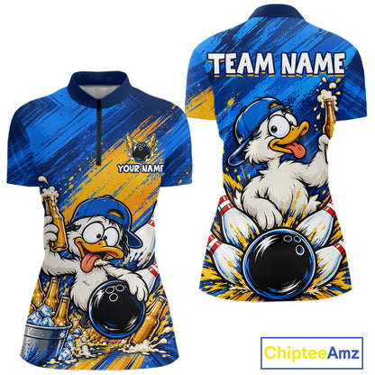 Funny Beer Duck Bowling Team Shirt For Women Custom Bowling League Outfit Polo & 1/4 Zip Shirts NBT1137