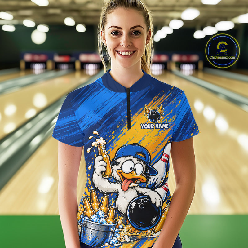 Funny Beer Duck Bowling Team Shirt For Women Custom Bowling League Outfit Polo & 1/4 Zip Shirts NBT1137