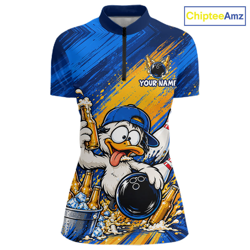 Funny Beer Duck Bowling Team Shirt For Women Custom Bowling League Outfit Polo & 1/4 Zip Shirts NBT1137