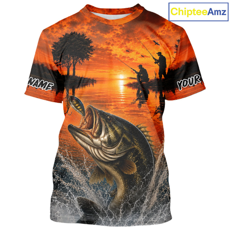 Sunset Bass Fishing Custom Name Fishing T-Shirts, Bass Fishing Shirt For Team NBT971
