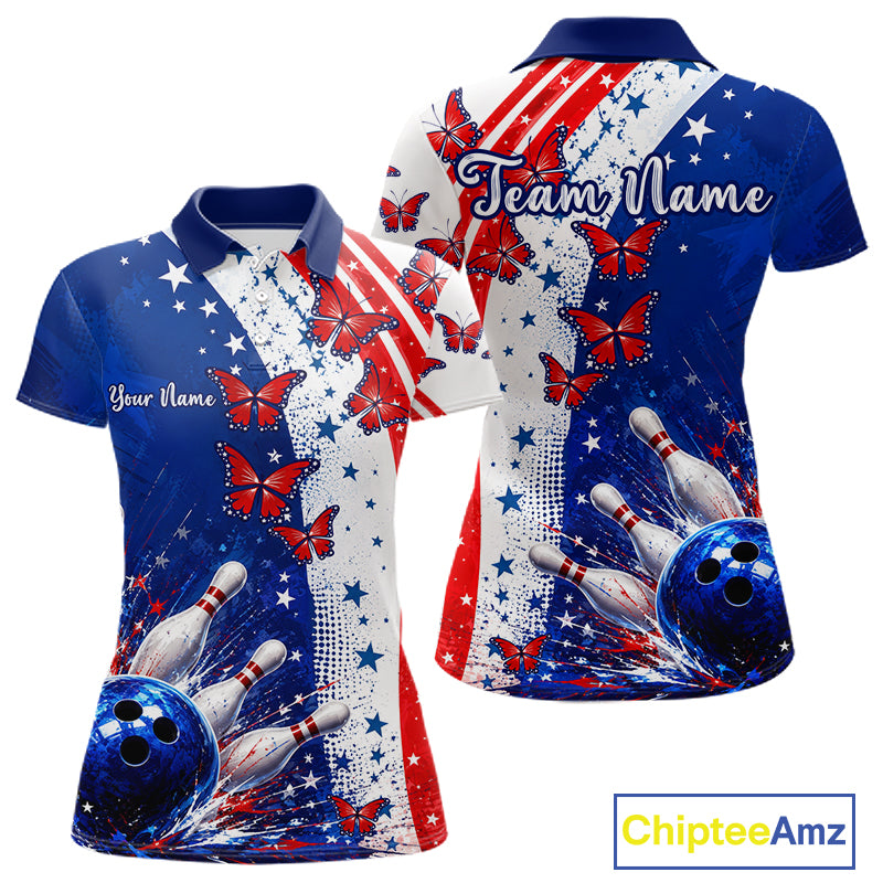 American Flag Butterfly Custom Patriotic Bowling Shirts For Women, Bowling League Shirts NBT973